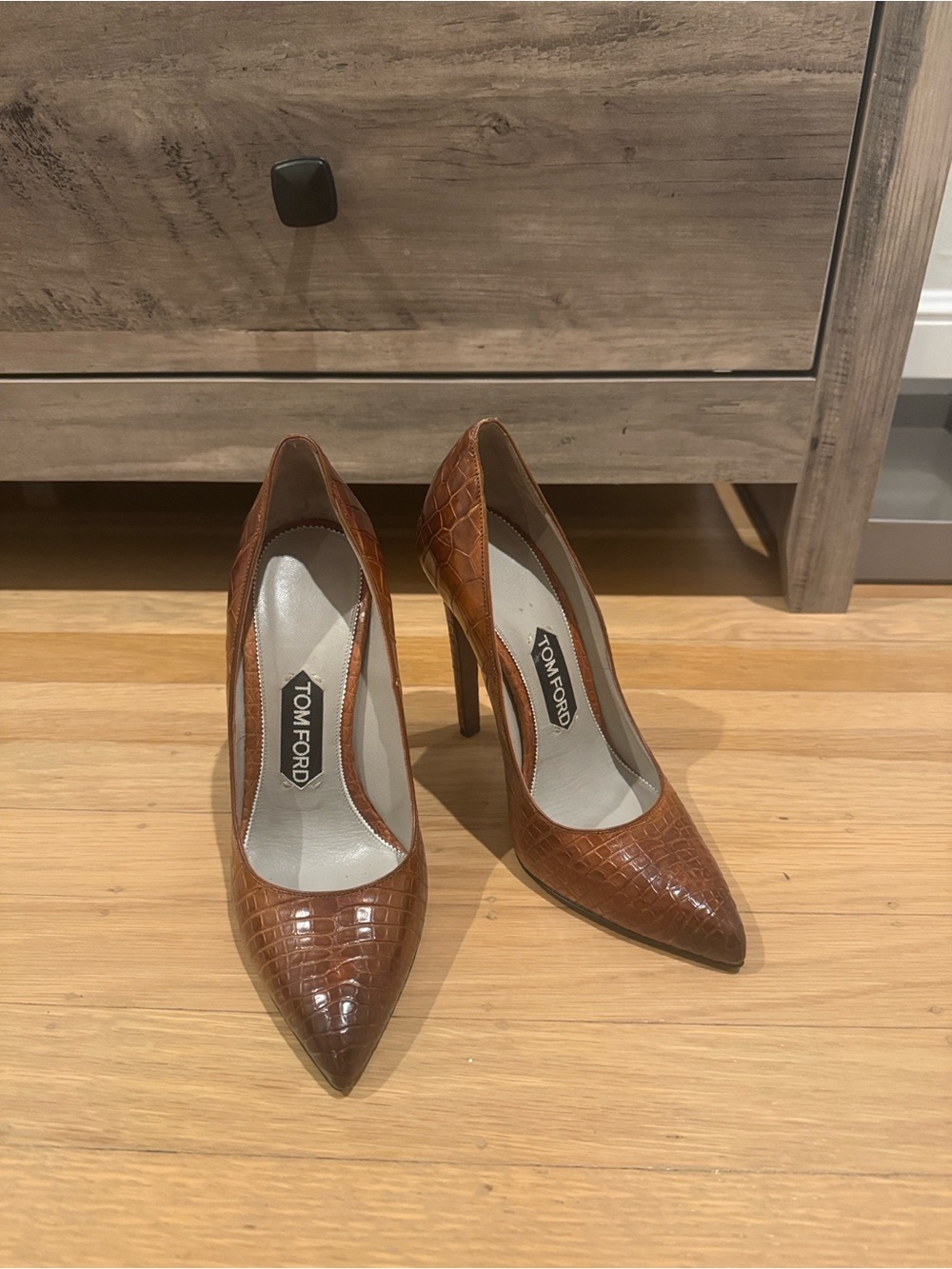 Tom Ford Cognac Croc-Embossed Pointed-Toe Stilettos